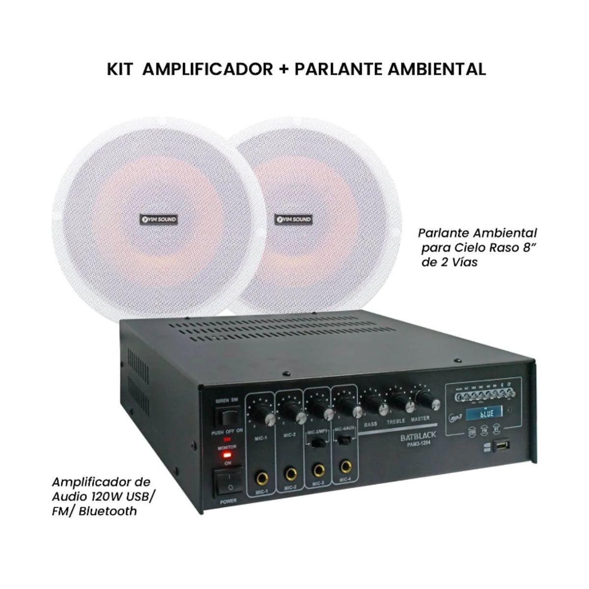 BATBLACK - Kit Amplificador de Audio 120W + Parlante Ambiental 8” KIT-PAM3-1204