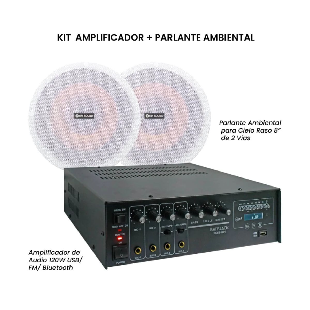 BATBLACK - Kit Amplificador de Audio 120W + Parlante Ambiental 8” KIT-PAM3-1204