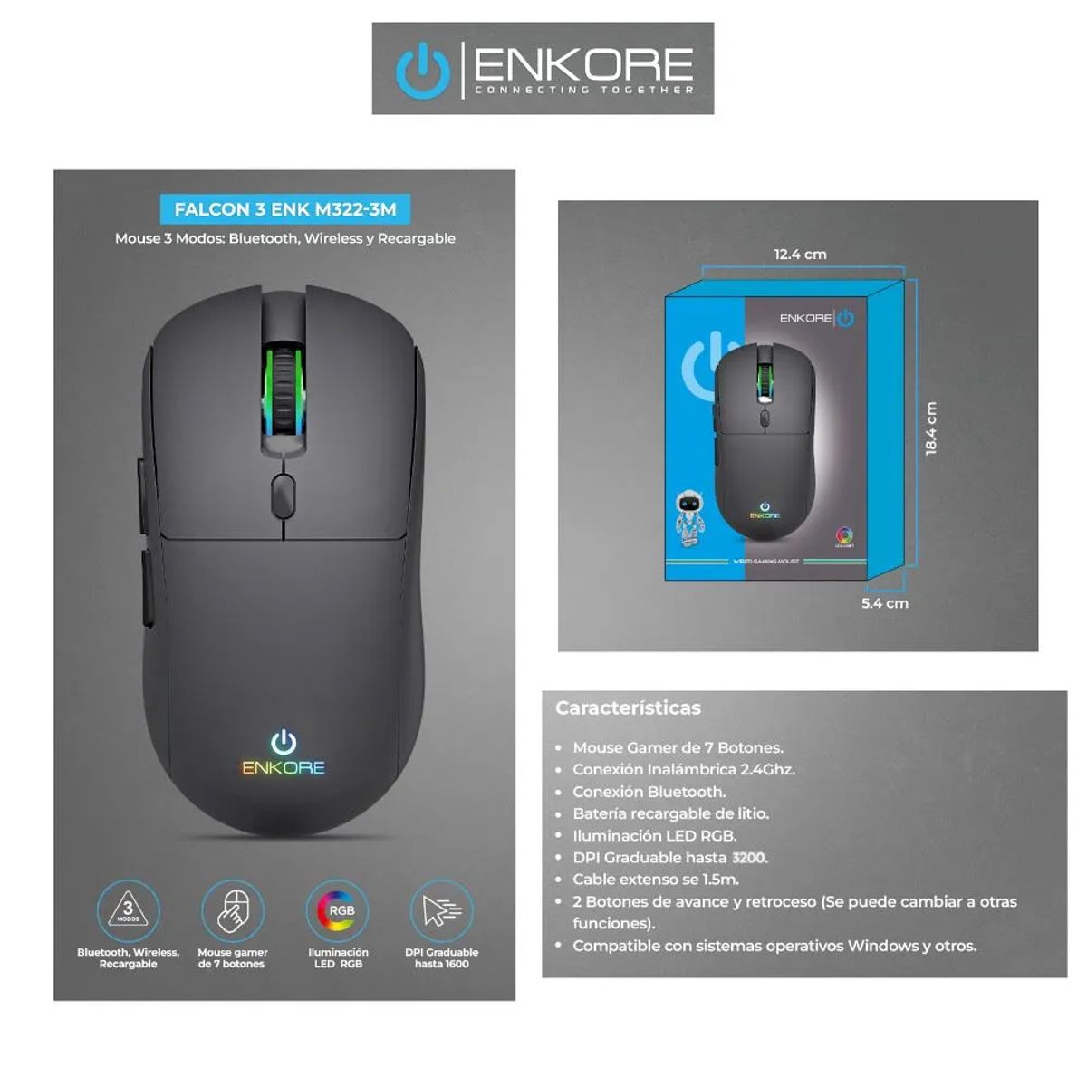 ENKORE - Mouse Gamer con Luces LED RGB 7B 3200DPI Falcon 3 ENK-M322