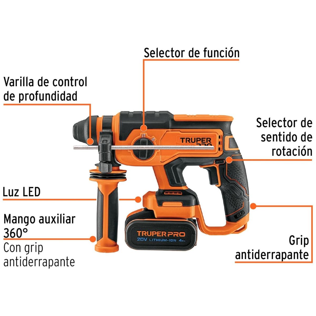 TRUPER - Rotomartillo percutor inalambrico brushless sds plus 20v, 2j, Bateria 4A 103263 truper pro