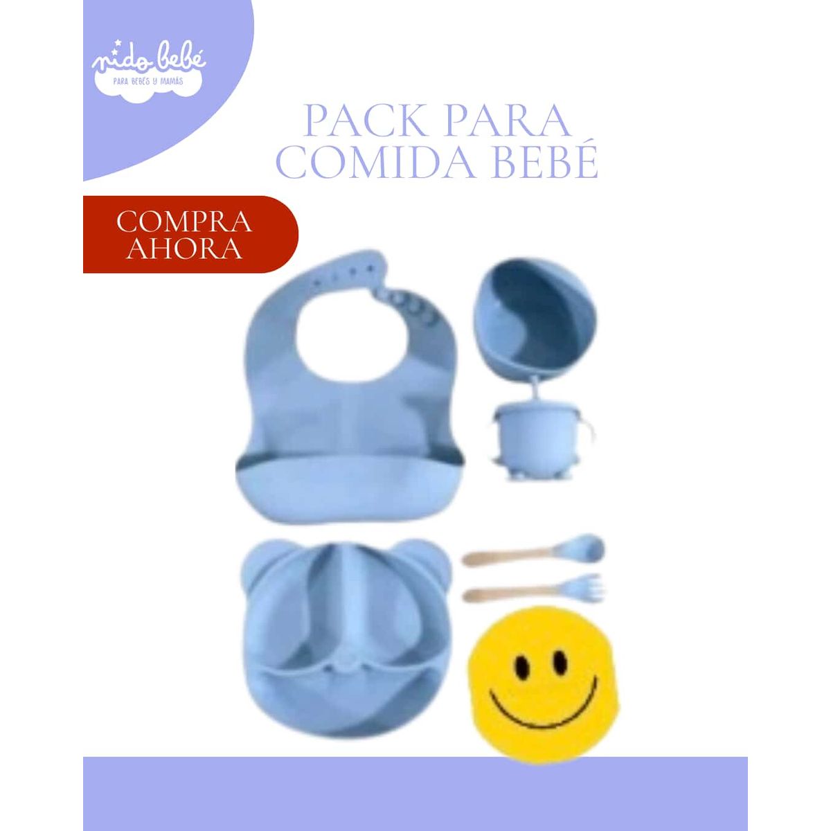 BABY - SET PARA COMER - VASO + PLATO + BABERO Y CUBIERTOS COLOR CELESTE