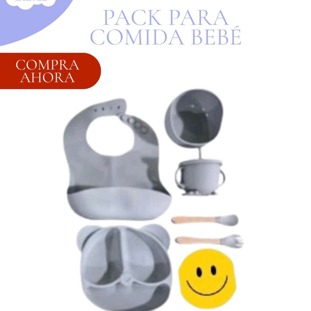 Baby - SET PARA COMER - VASO + PLATO + BABERO Y CUBIERTOS COLOR GRIS