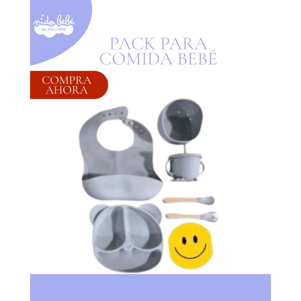 Baby - SET PARA COMER - VASO + PLATO + BABERO Y CUBIERTOS COLOR GRIS