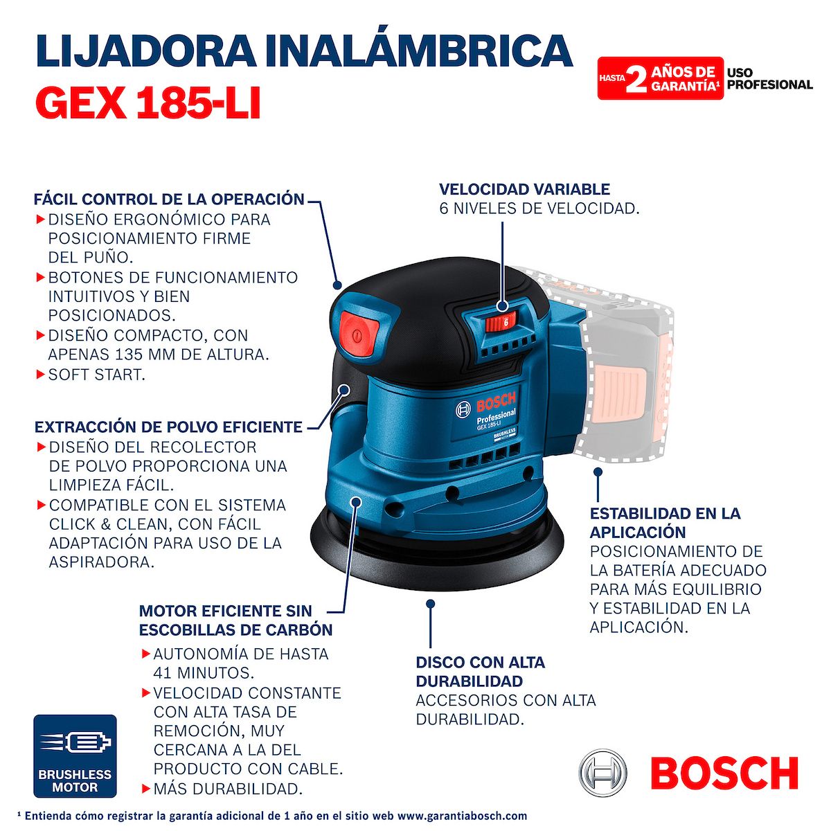 BOSCH - Lijadora Bosch Professional GEX 185-LI 18V