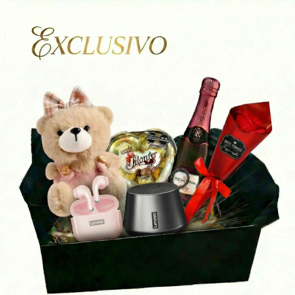 GENERICO - Box Exclusivo Rosado Lenovo Audífonos LP40 Pro + Parlante K3 Pro Champagne + Chocolates + Oso + Rosa