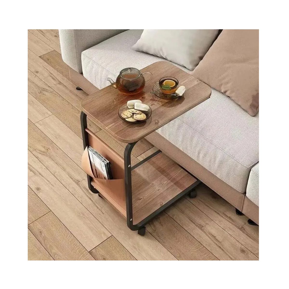 OTTOWARE - Mesa Auxiliar Con Ruedas Multiuso 2 Niveles Para Sala, Sofá y Cama