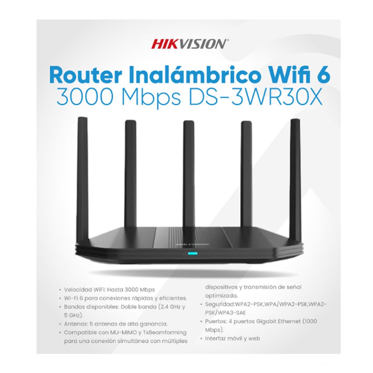 HIKVISION - Router Wi-Fi Hikvision DS-3WR30X MU-MIMO Wi-Fi 6 AX3000, Puertos Gigabit, Doble Banda+