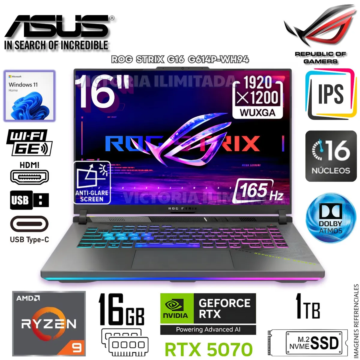 ASUS - Laptop Gamer Asus ROG STRIX G16 G614P-WH94 Ryzen 9-8940HX 16GB RAM 1TB SSD RTX5070-8GB 16FHD+ 165HZ