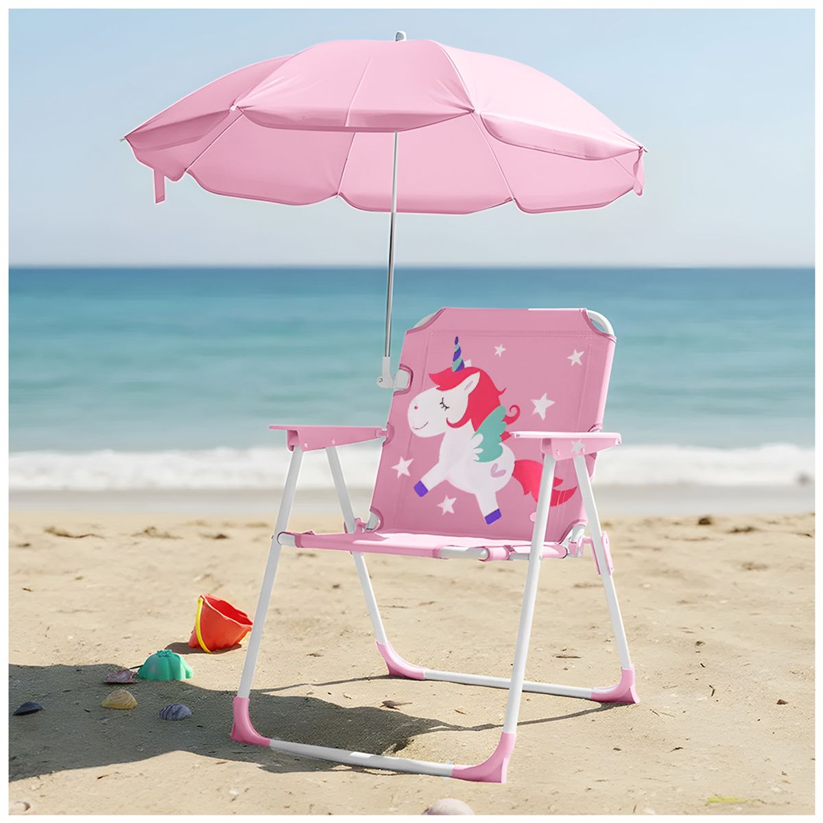 KELLER - Silla para Niños Plegable con Sombrilla Diseño Unicornio Rosado XC6