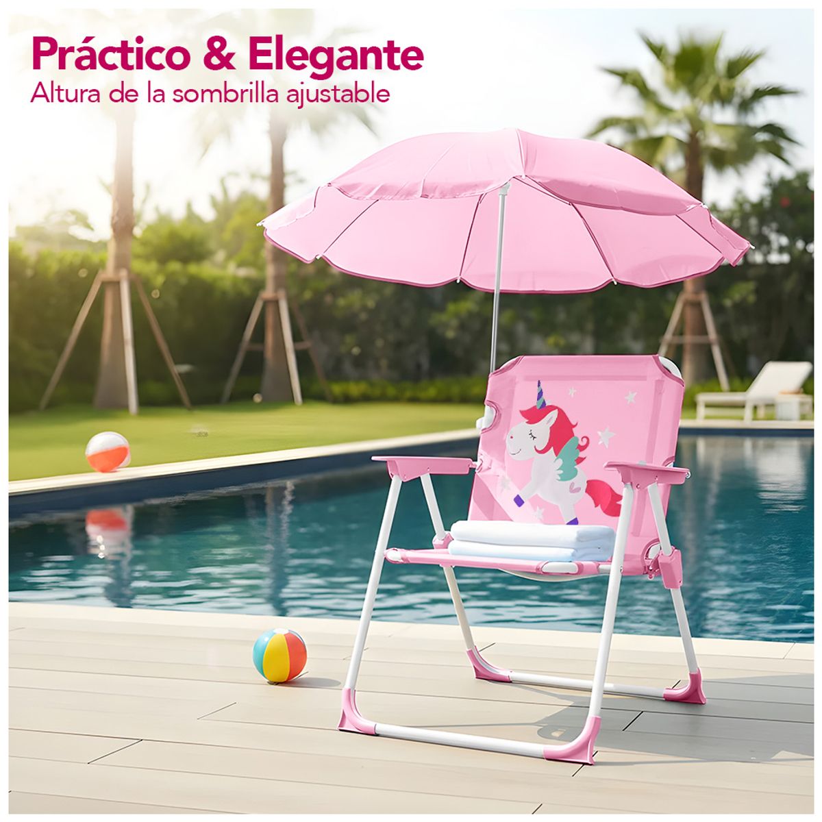 KELLER - Silla para Niños Plegable con Sombrilla Diseño Unicornio Rosado XC6