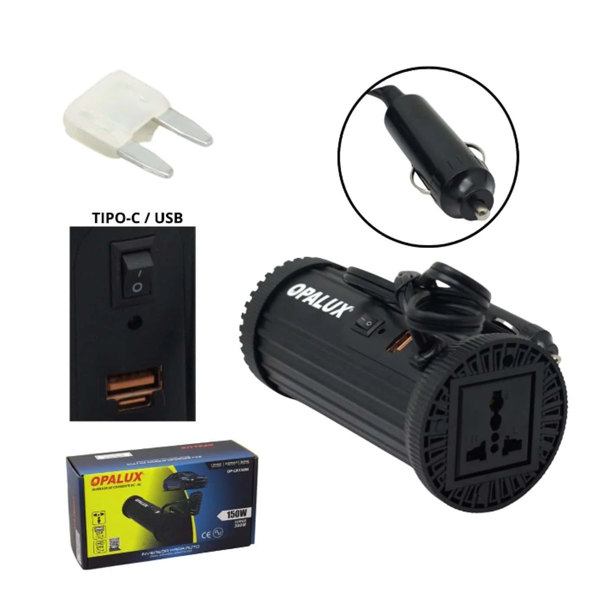 OPALUX - Inversor pAuto 150W Onda Senoidal Modificada DC-AC Surge 300W Entrada 12VDC 220VAC OP-CR150M OPALUX