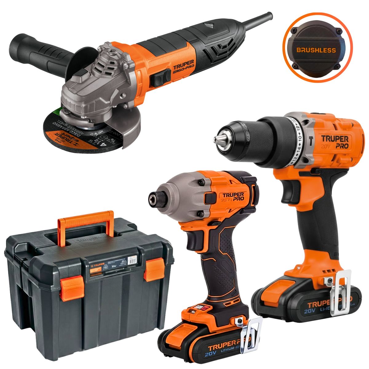 TRUPER - COMBO TALADRO PERCUTOR ATORNILLADOR DE IMPACTO 220Nm BRUSHLES 20V Y AMOLADORA ERGO TRUPER PRO