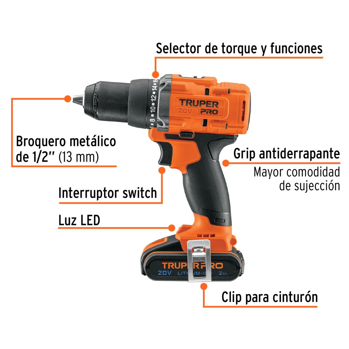 TRUPER - COMBO TALADRO PERCUTOR ATORNILLADOR DE IMPACTO 220Nm BRUSHLES 20V Y AMOLADORA ERGO TRUPER PRO