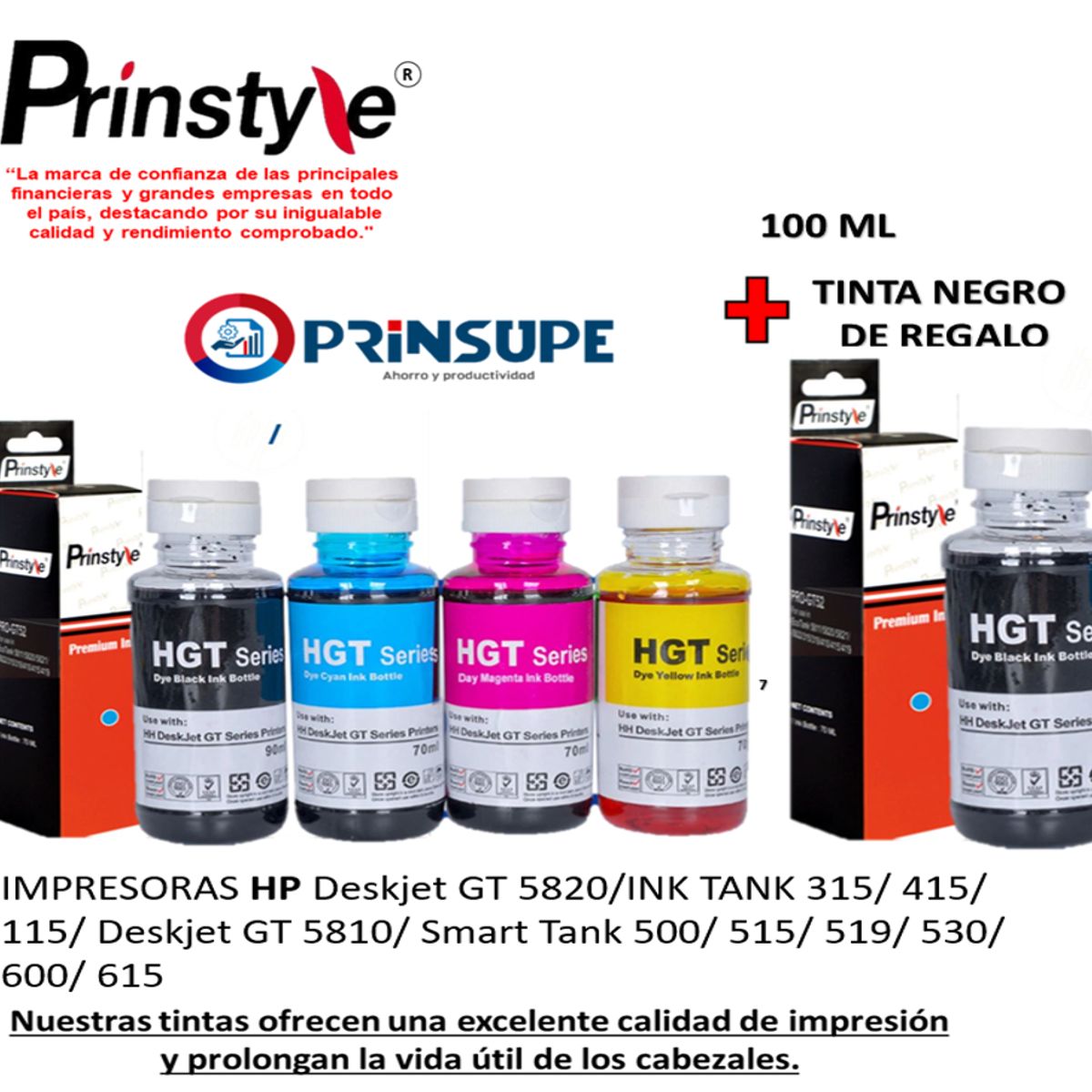PRINSTYLE - PACK DE TINTAS PRINSTYLE COMPATIBLE HP GT51/52 (4 COLORES) +1 NEGRA 100ML