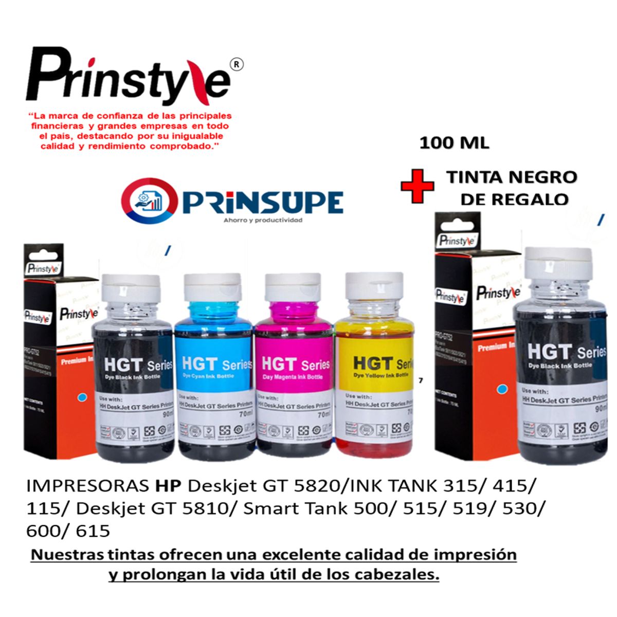 PRINSTYLE - PACK DE TINTAS PRINSTYLE COMPATIBLE HP GT51/52 (4 COLORES) +1 NEGRA 100ML