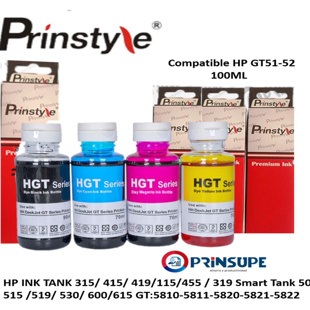 PRINSTYLE - PACK DE TINTAS PRINSTYLE COMPATIBLE HP GT51/52 (4 COLORES) +1 NEGRA 100ML