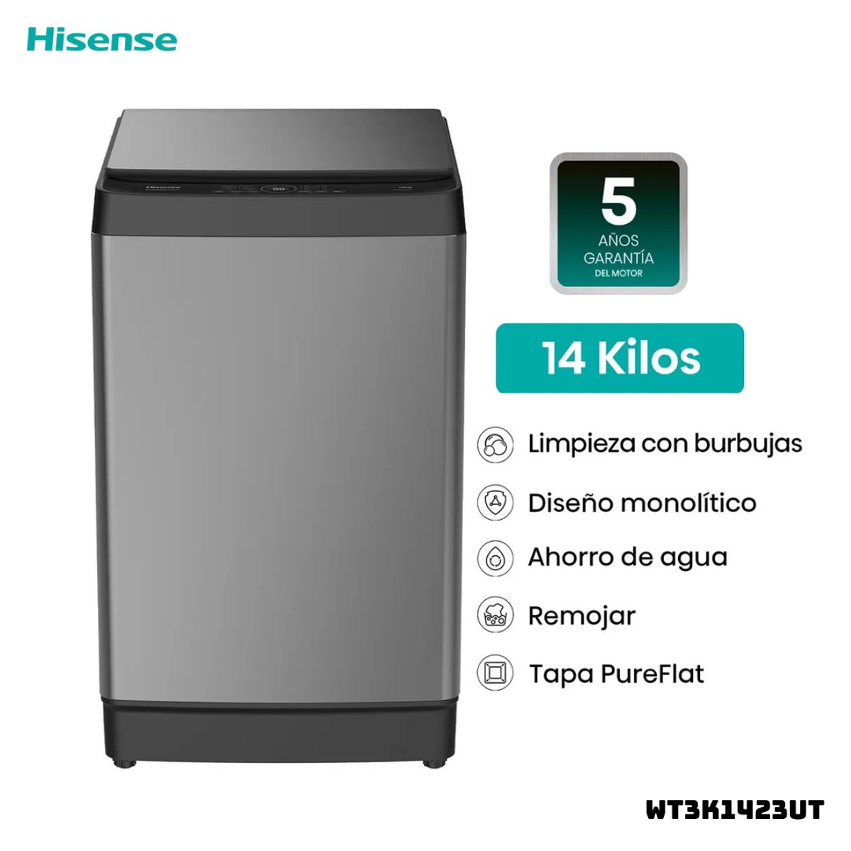 HISENSE - LAVADORA HISENSE TAPA TRANSPARENTE 14 KG CARGA SUPERIOR GRIS - WT3K1423UT