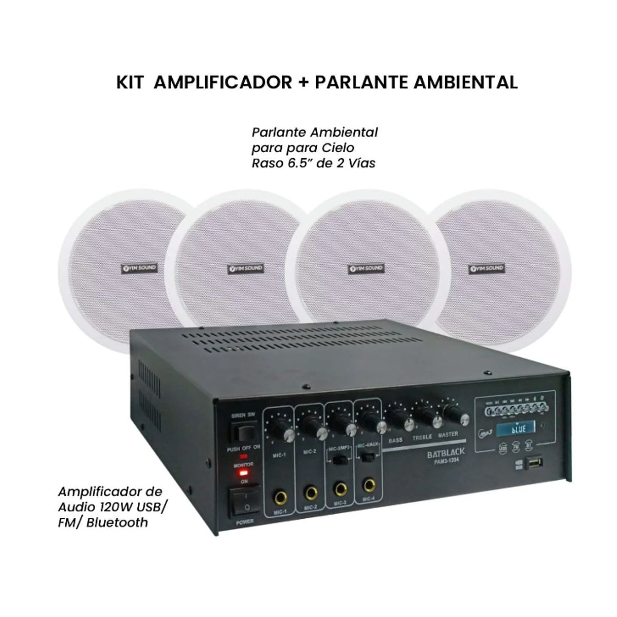GENERICO - Kit Amplificador de Audio 120W + Parlante Ambiental 65” KIT-PAM3-1204-1