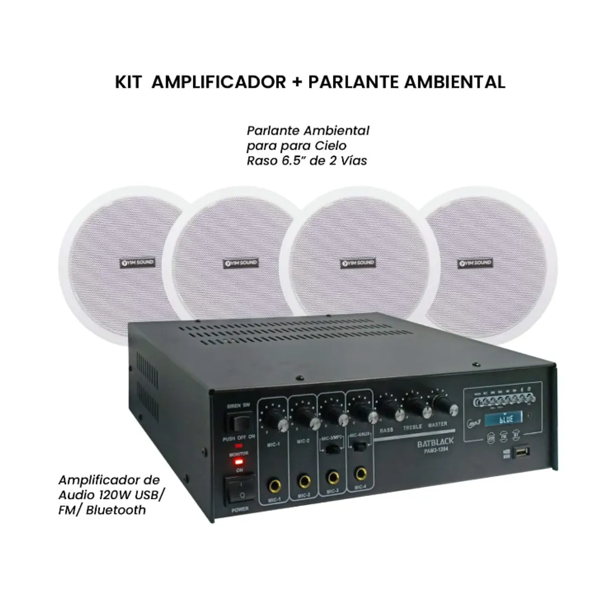 GENERICO - Kit Amplificador de Audio 120W + Parlante Ambiental 65” KIT-PAM3-1204-1