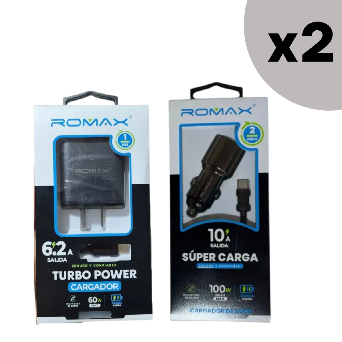 ROMAX - PACK x 2 CARGADORES DE AUTO 100W  Y DE PARED 60W
