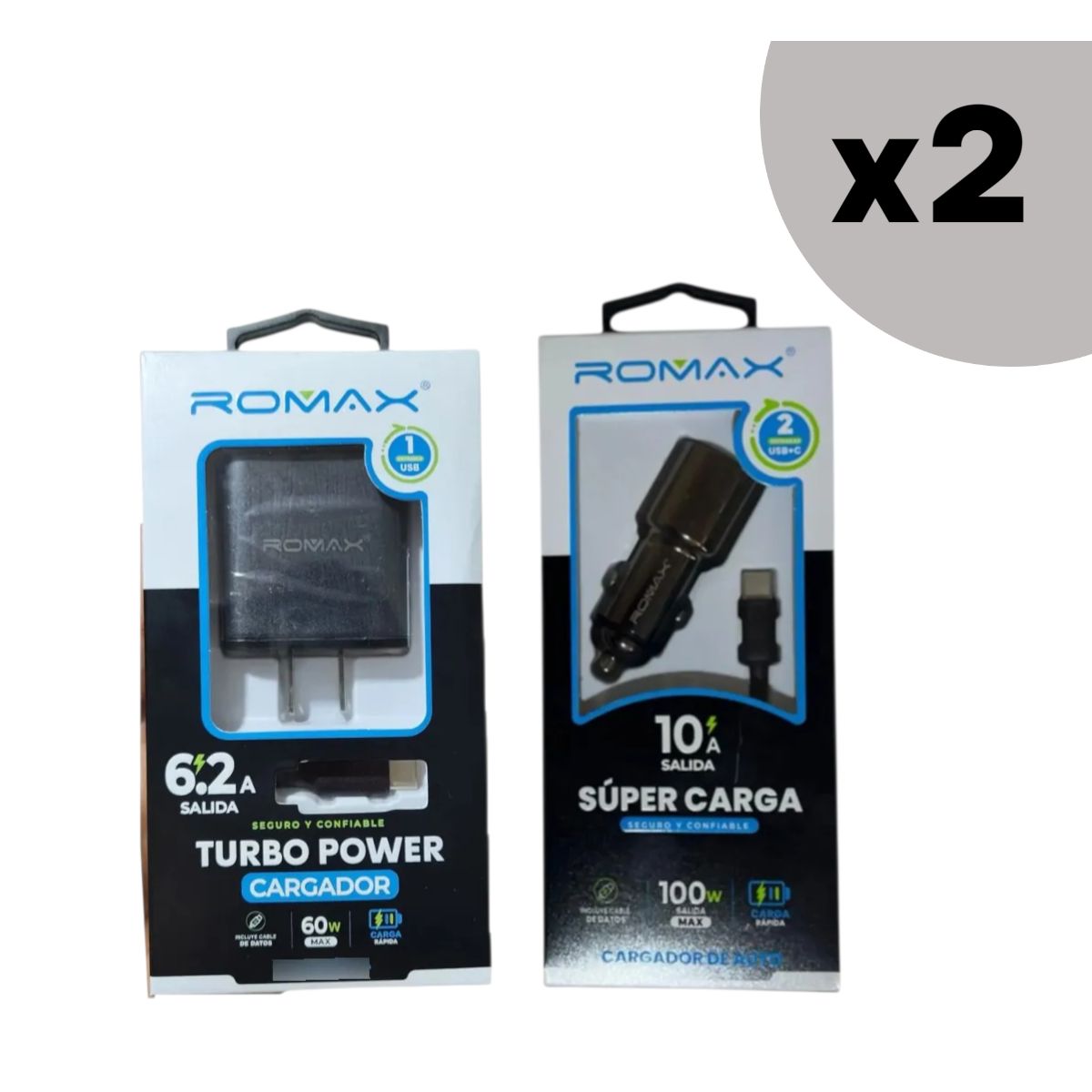 ROMAX - PACK x 2 CARGADORES DE AUTO 100W  Y DE PARED 60W
