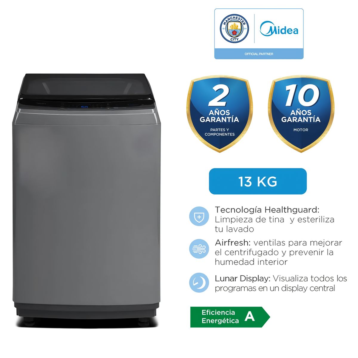 MIDEA - Lavadora Midea Automática Carga Superior MA200W130G 13Kg Gris