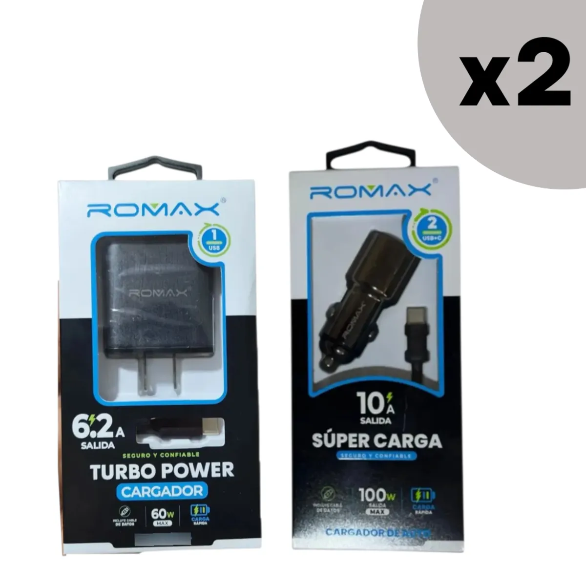 ROMAX - Packx2 Cargador De Auto 100w Y Pared 60w