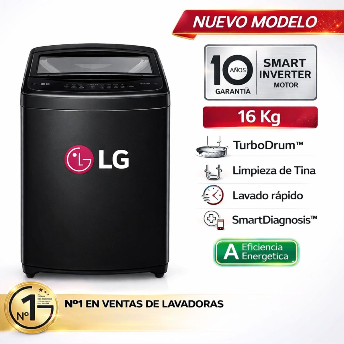LG - Lavadora  LG  WT16BVTB 16kg Smart Motion Carga Superior Negro Claro