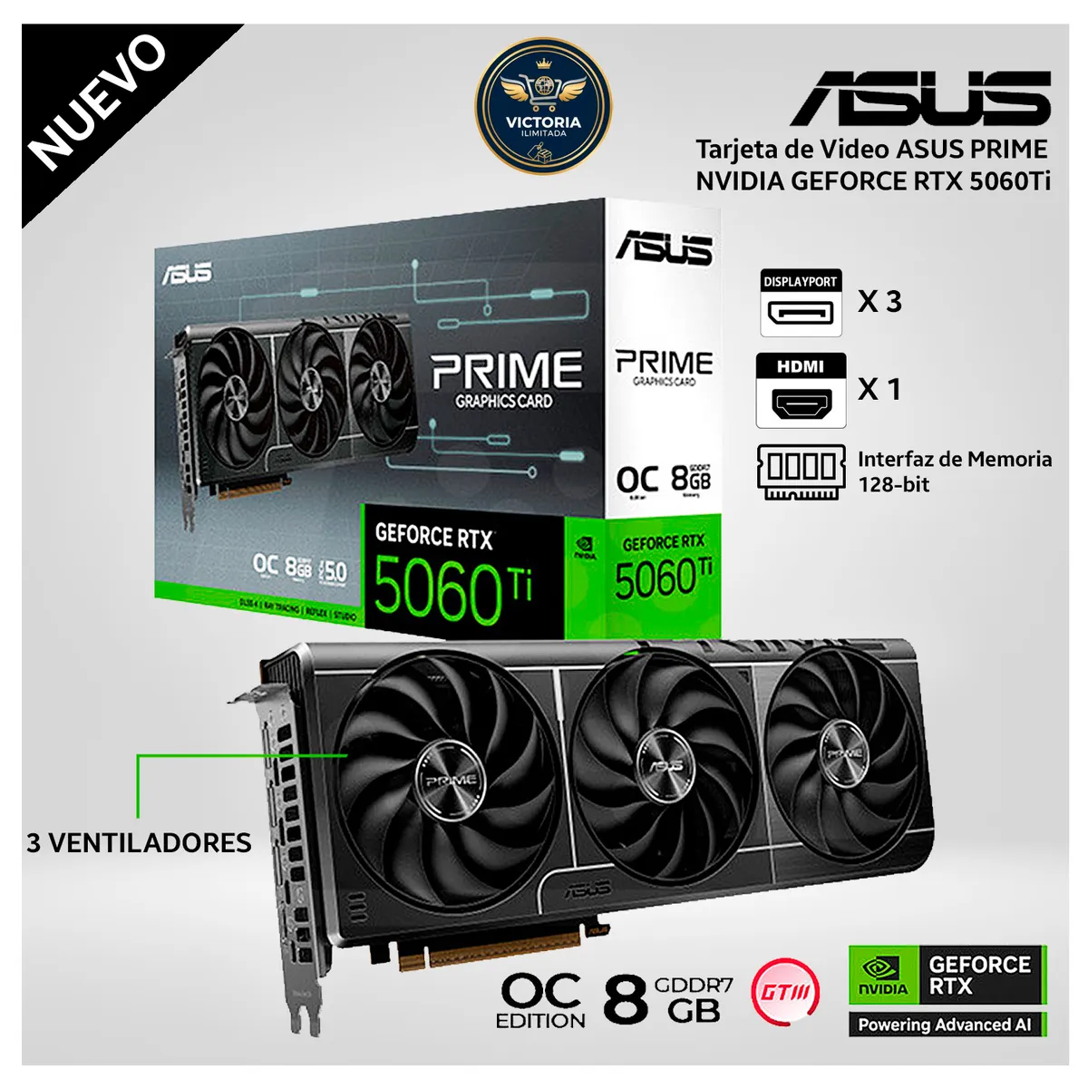ASUS - Tarjeta de Video ASUS PRIME NVIDIA GEFORCE RTX 5060Ti 8GB GDDR7 OC EDITION - 3 VENTILADORES