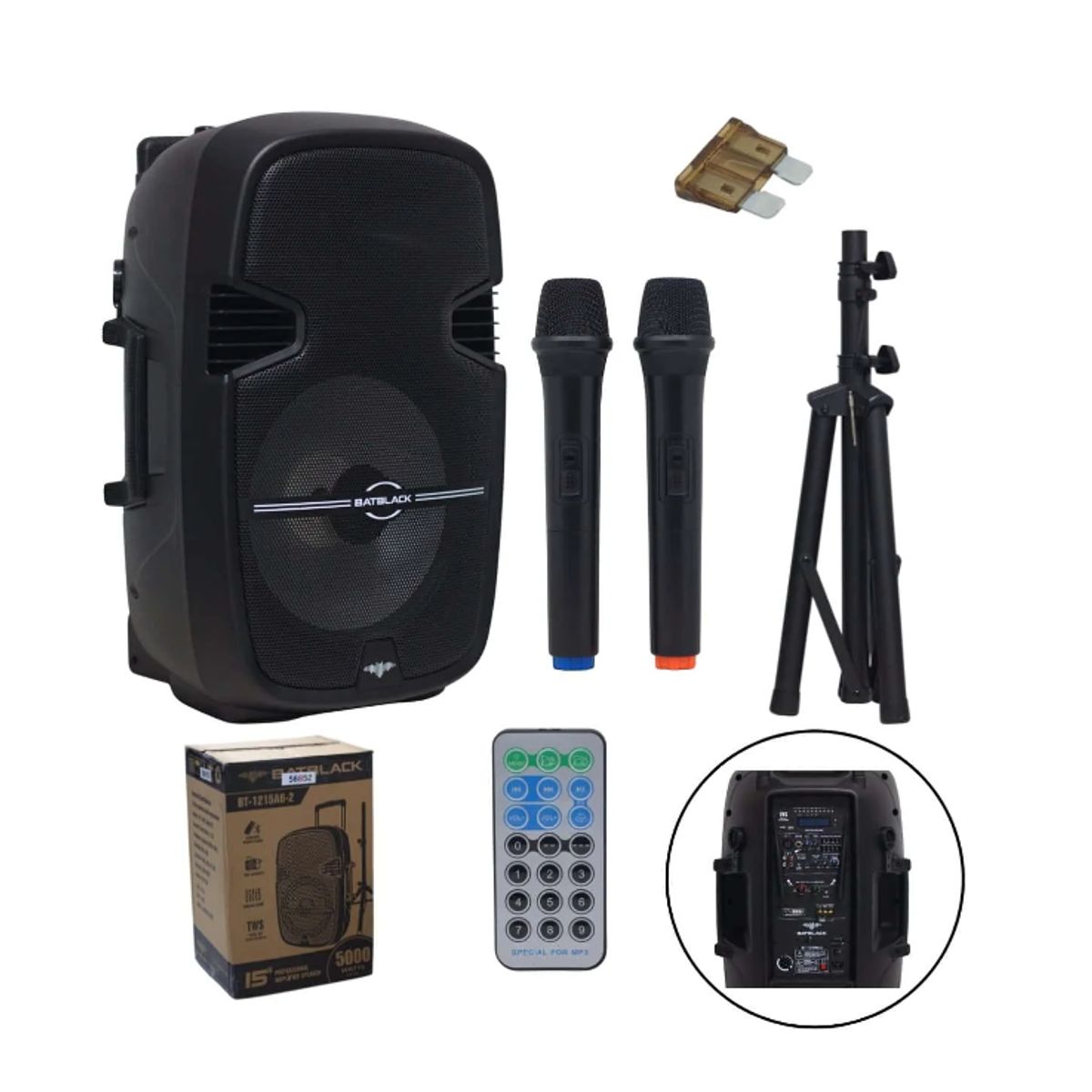 BATBLACK - ParlanteGabinete Activo Recargable 15″ 5000W c Bluetooth BT-1215A6-2 BATBLACK