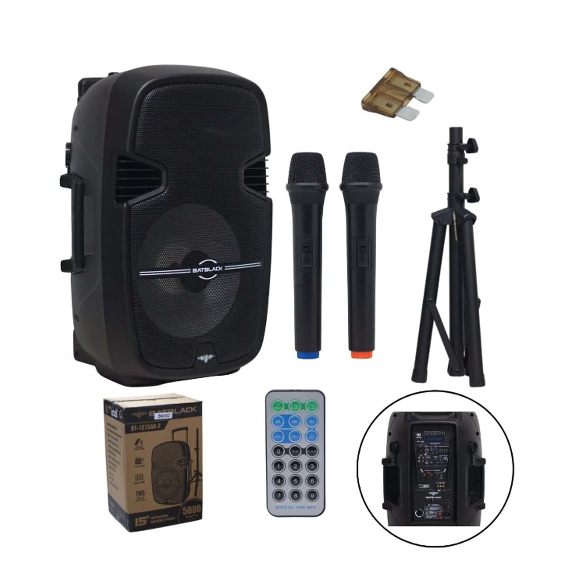 BATBLACK - ParlanteGabinete Activo Recargable 15″ 5000W c Bluetooth BT-1215A6-2 BATBLACK