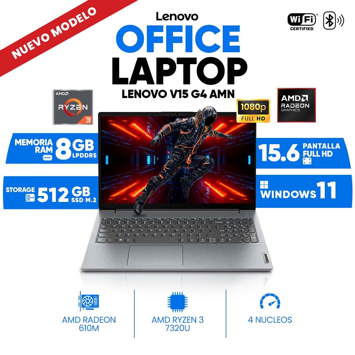 LENOVO - Notebook Lenovo V15 G4 AMN, AMD Ryzen 3 7320U, 8GB LPDDR5, 512GB SSD, 15.6 FHD TN