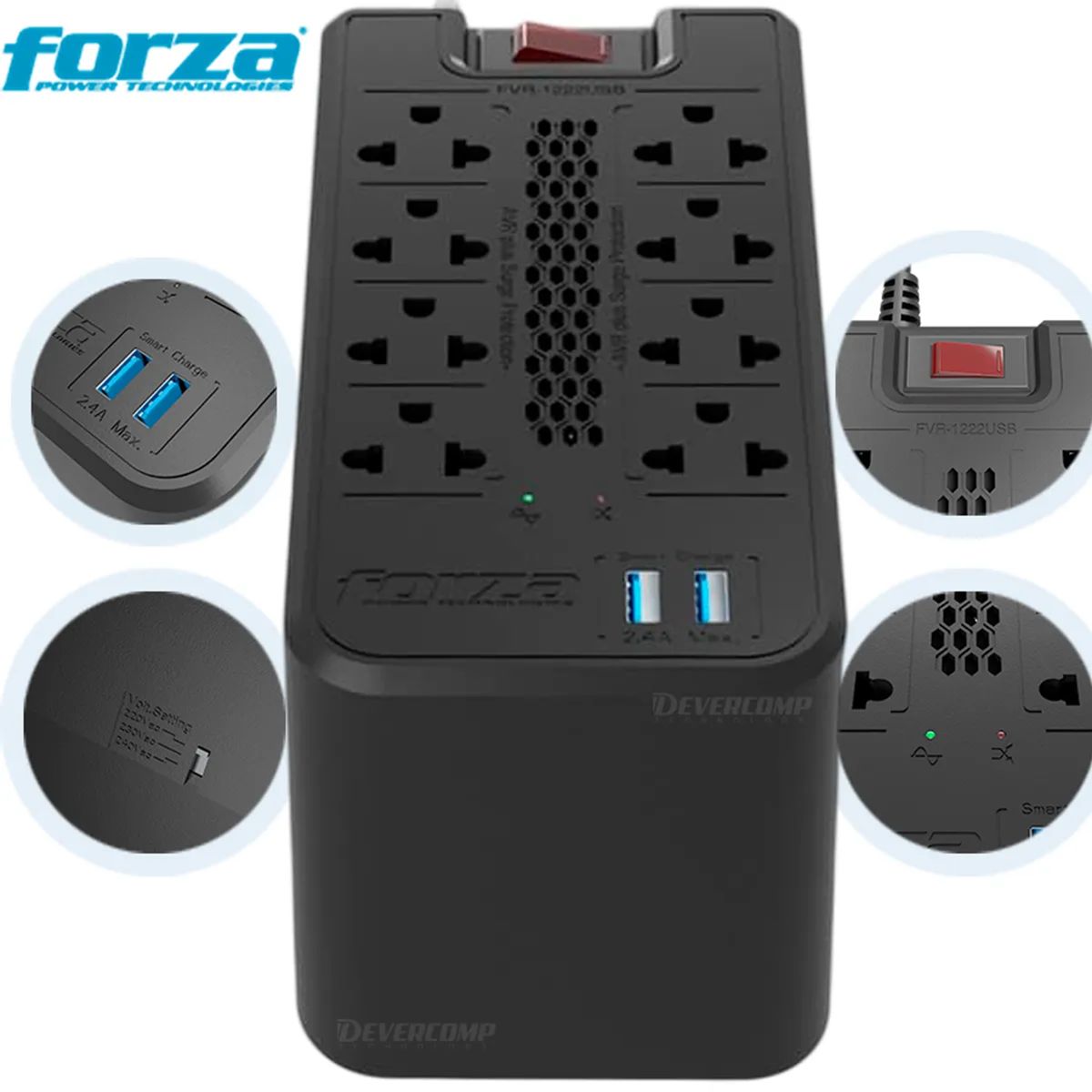 FORZA - ESTABILIZADOR FORZA FVR-1222 USB 1200VA/600W 8 TOMAS BLACK