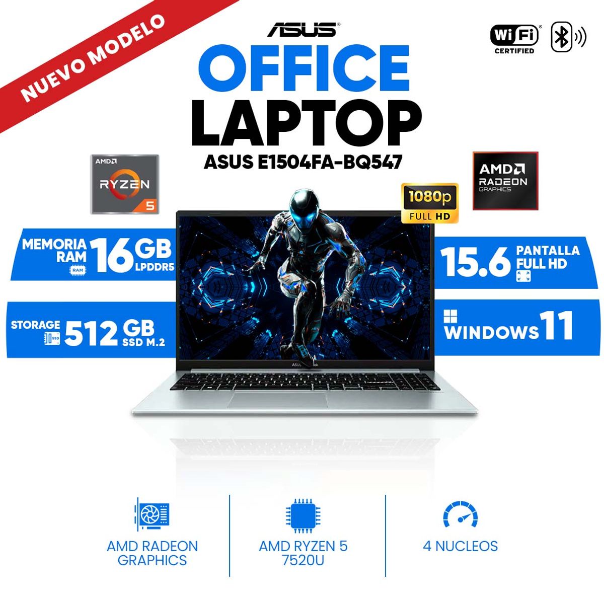 ASUS - Notebook ASUS E1504FA-BQ547, AMD Ryzen 5 7520U, 16GB LPDDR5, 512GB SSD, 15.6 FHD LED IPS