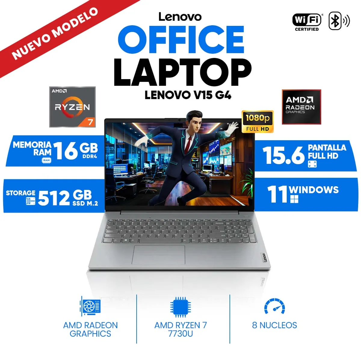LENOVO - Laptop Lenovo V15 G4 ABP, AMD Ryzen 7 7730U, 16GB DDR4, 512 GB SSD M.2, 15.6 FULL HD.