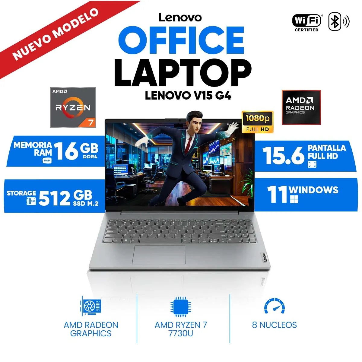 LENOVO - Laptop Lenovo V15 G4 ABP, AMD Ryzen 7 7730U, 16GB DDR4, 512 GB SSD M.2, 15.6 FULL HD.