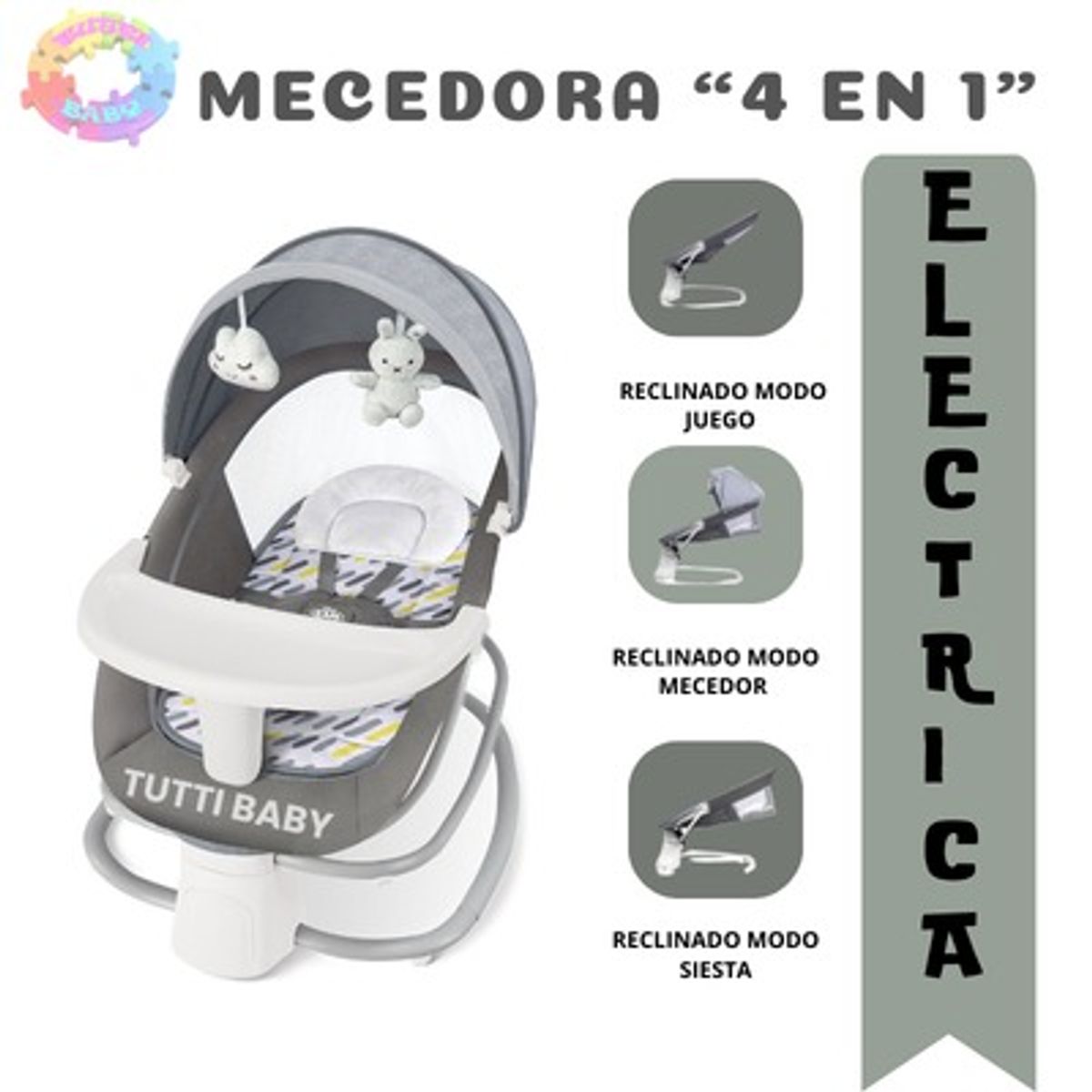 BABI - SILLA MECEDORA ELECTRICA 4 EN 1 MUSICAL "ROCKING CHAIR"  - GRIS