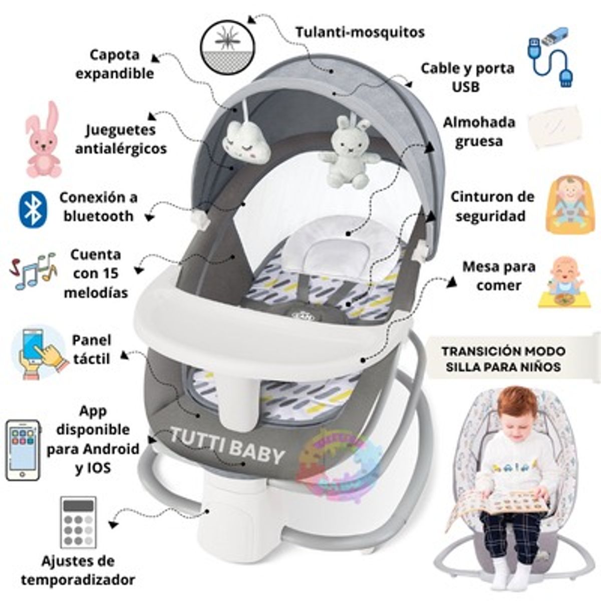 BABI - SILLA MECEDORA ELECTRICA 4 EN 1 MUSICAL "ROCKING CHAIR"  - GRIS