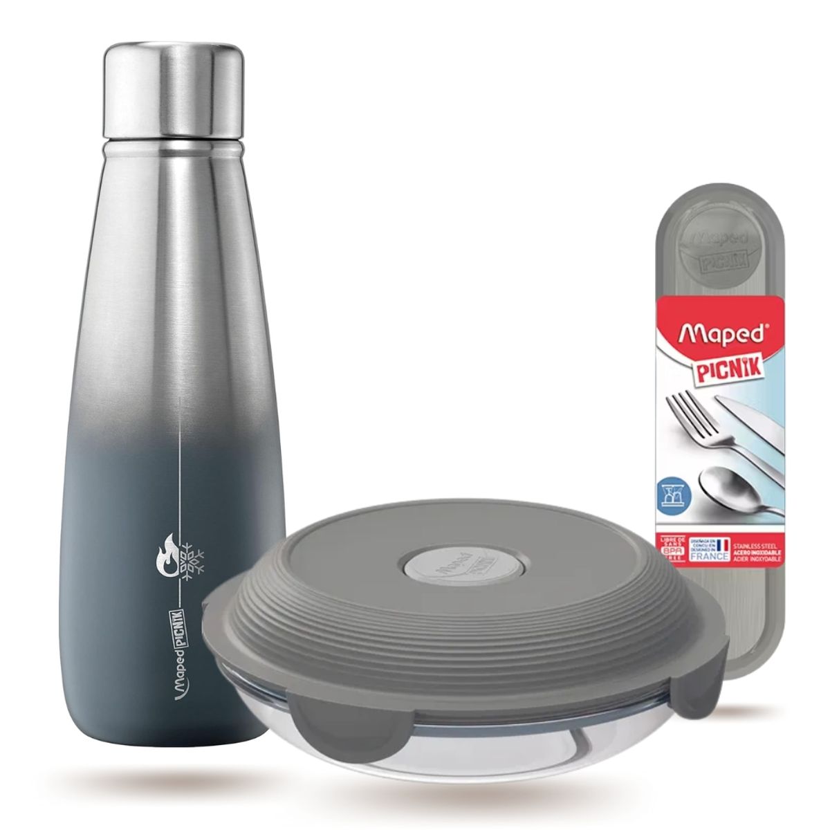 MAPED - Pack Lonchera Termo + Contenedor + Cubierto Gris