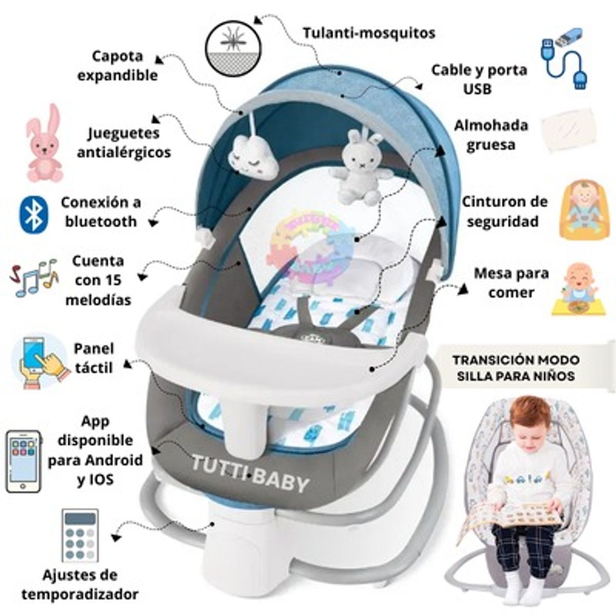 BABI - SILLA MECEDORA ELECTRICA 4 EN 1 MUSICAL "ROCKING CHAIR"  - CELESTE