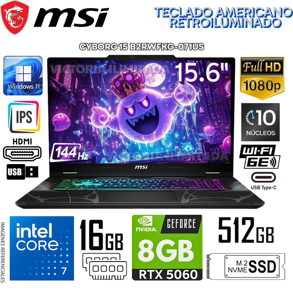 MSI - Laptop MSI Cyborg 15 B2RWFKG-071US Intel Core 7-240H 16GB RAM 512GB SSD RTX5060- 8GB 15.6" FHD WIN11