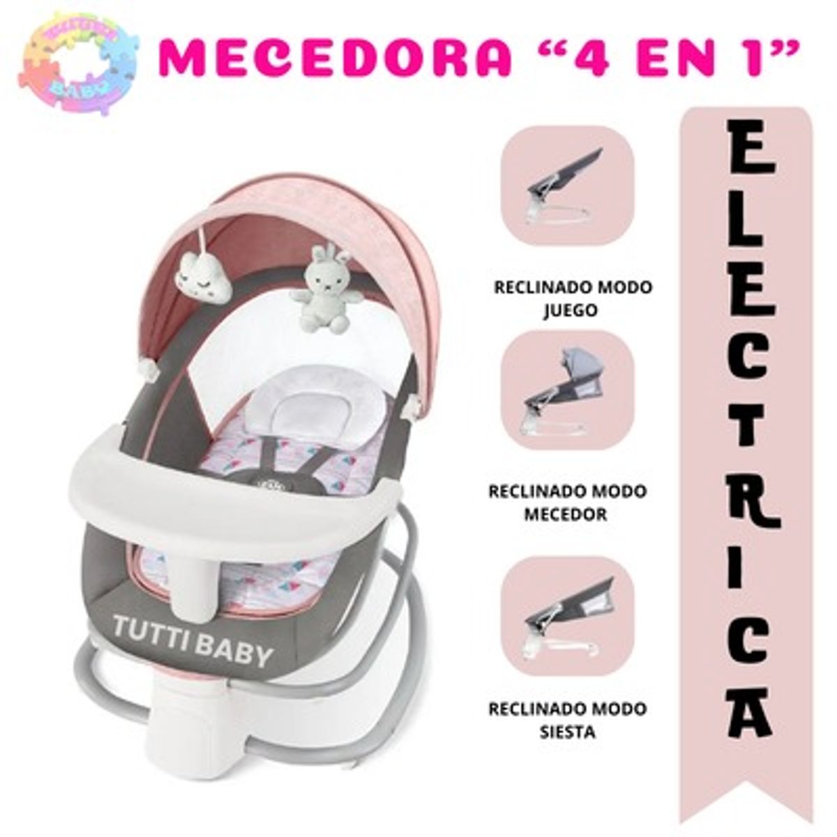 BABI - SILLA MECEDORA ELECTRICA 4 EN 1 MUSICAL "ROCKING CHAIR"  - ROSADO