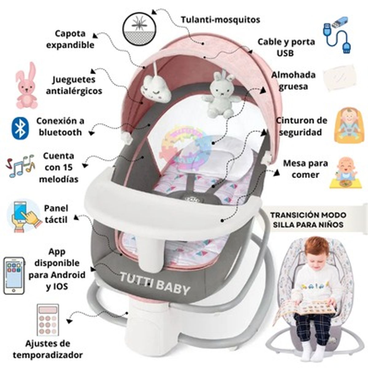 BABI - SILLA MECEDORA ELECTRICA 4 EN 1 MUSICAL "ROCKING CHAIR"  - ROSADO