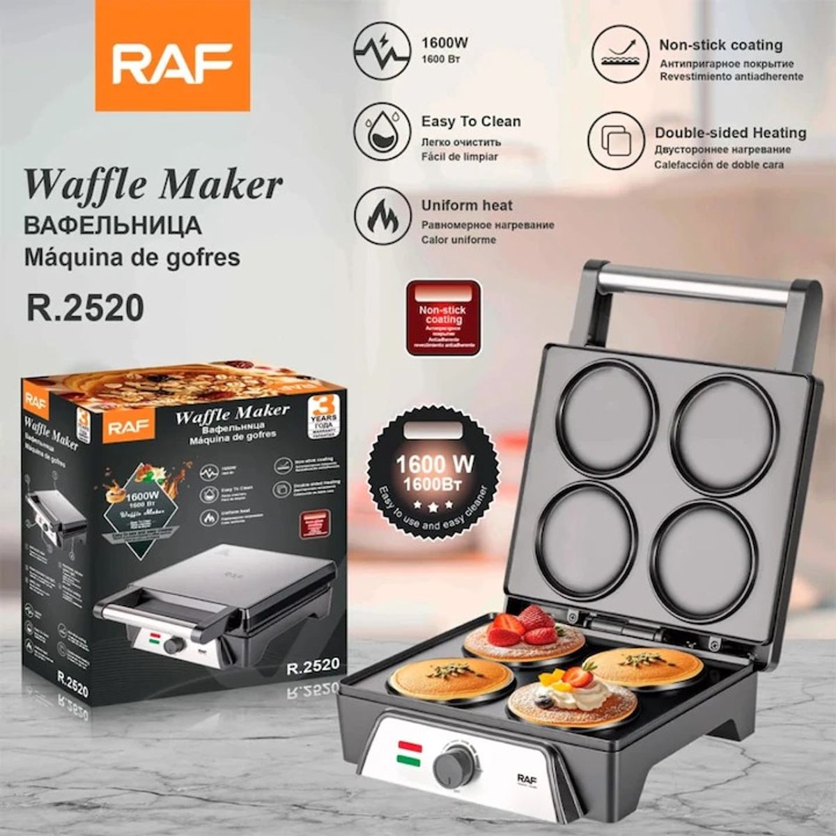 GENERICO - Wafflera Eléctrica RAF 1600W para 4 Waffles - Placas Antiadherentes