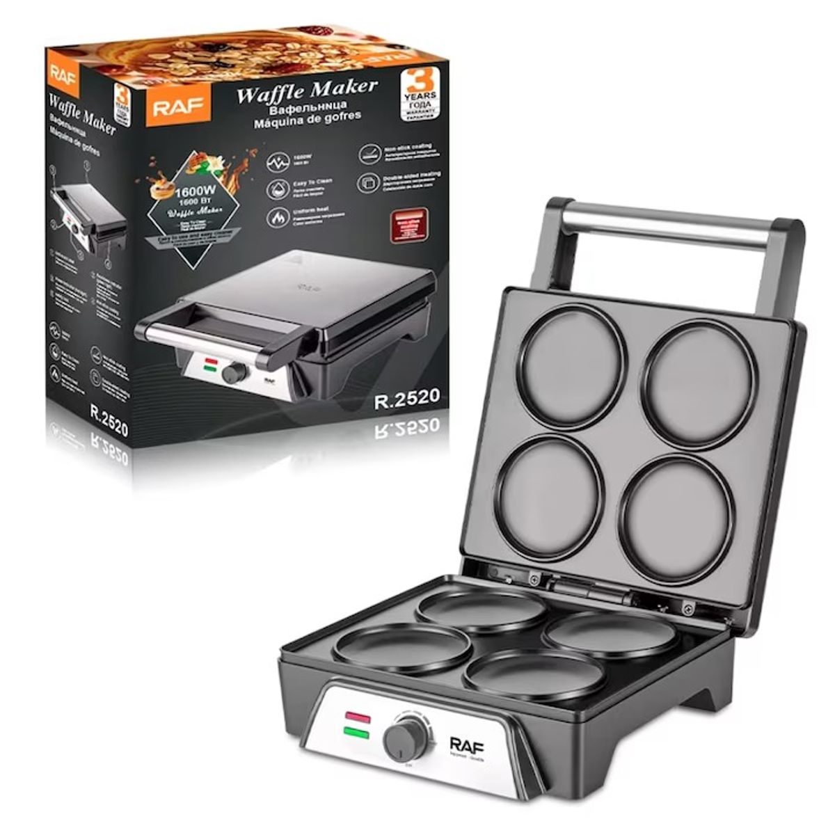 GENERICO - Wafflera Eléctrica RAF 1600W para 4 Waffles - Placas Antiadherentes