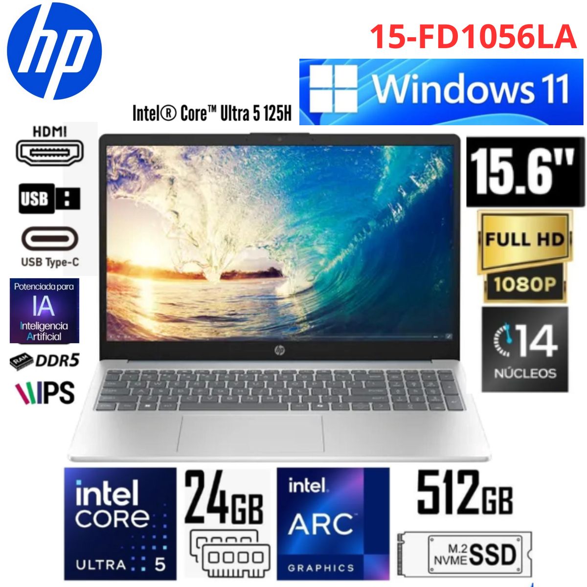 HP - Laptop HP 15-FD1056LA Intel Core Ultra 5 125H 24GB RAM 512GB SSD 15.6" FHD Win 11