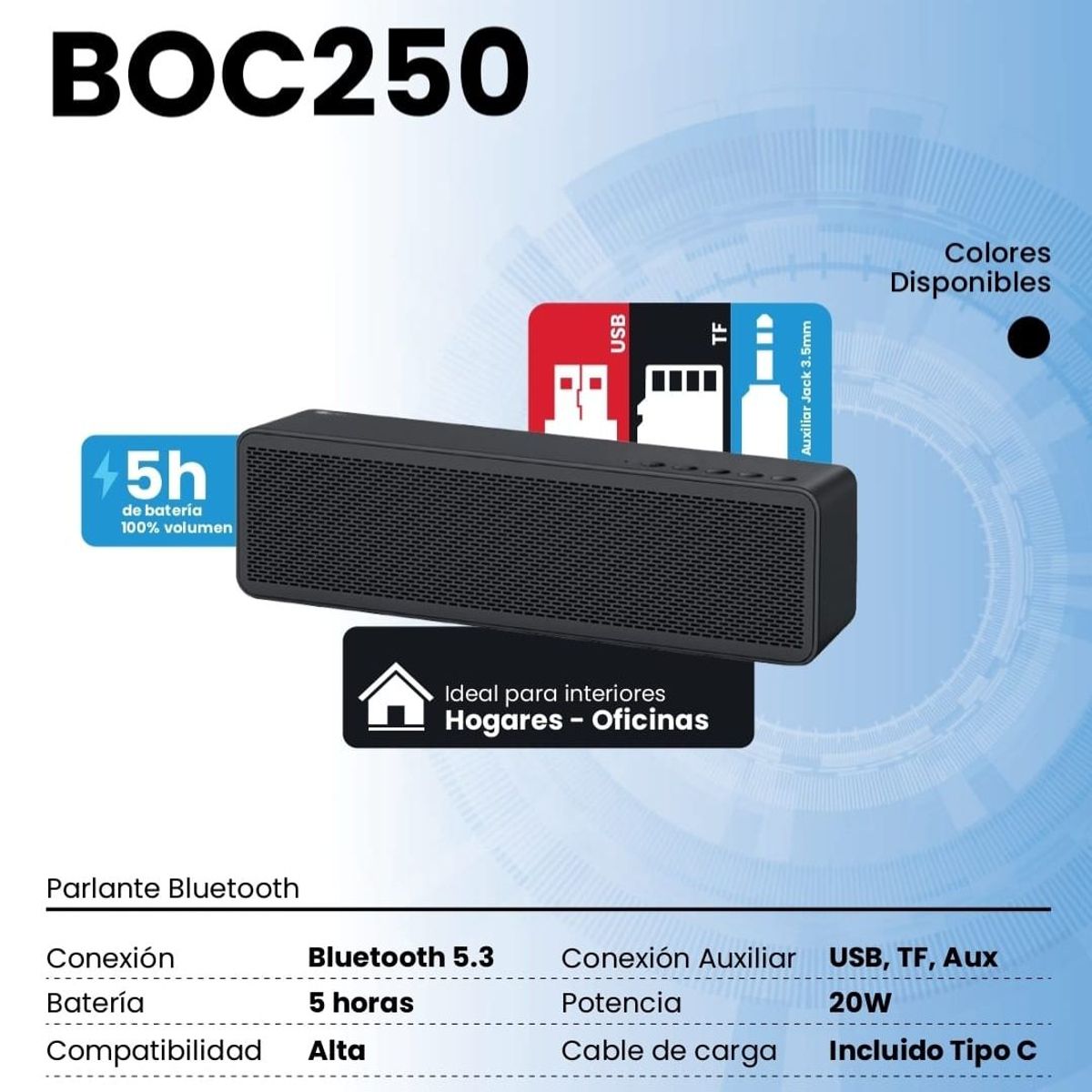 OEM - Parlante Bluetooth inalámbrico portátil con batería de 2000 mAh BOC 250