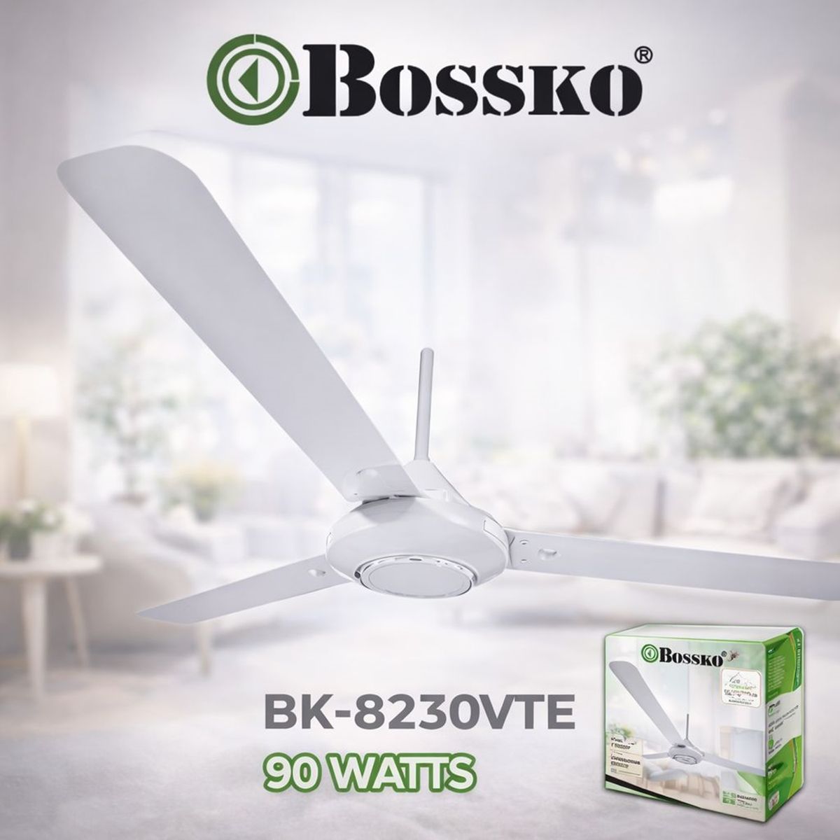 BOSSKO - Ventilador de Techo Bossko 56” BK-8230VTE Blanco  Brisa Silenciosa de Alto Rendimiento 90W