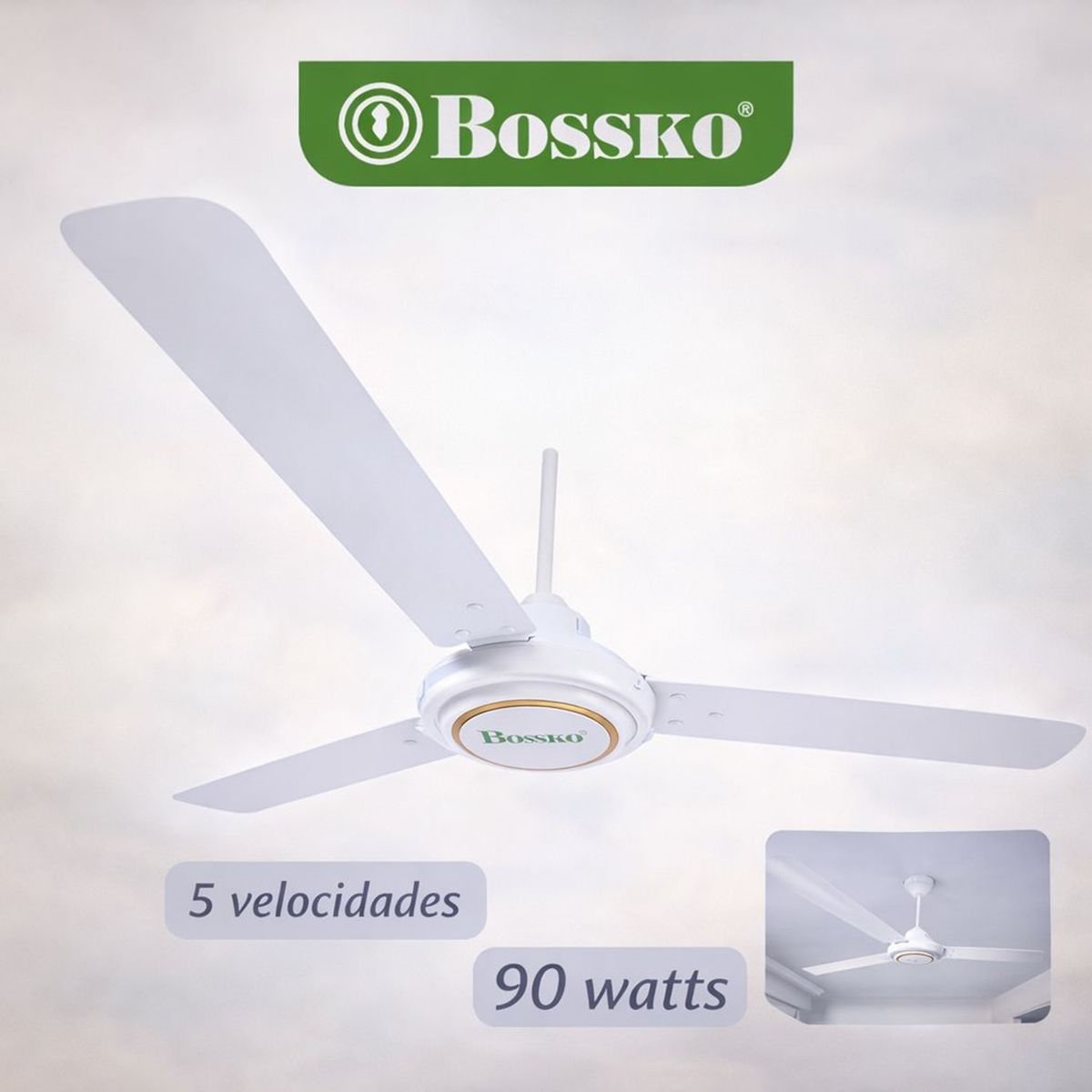 BOSSKO - Ventilador de Techo Bossko 56” BK-8230VTE Blanco  Brisa Silenciosa de Alto Rendimiento 90W