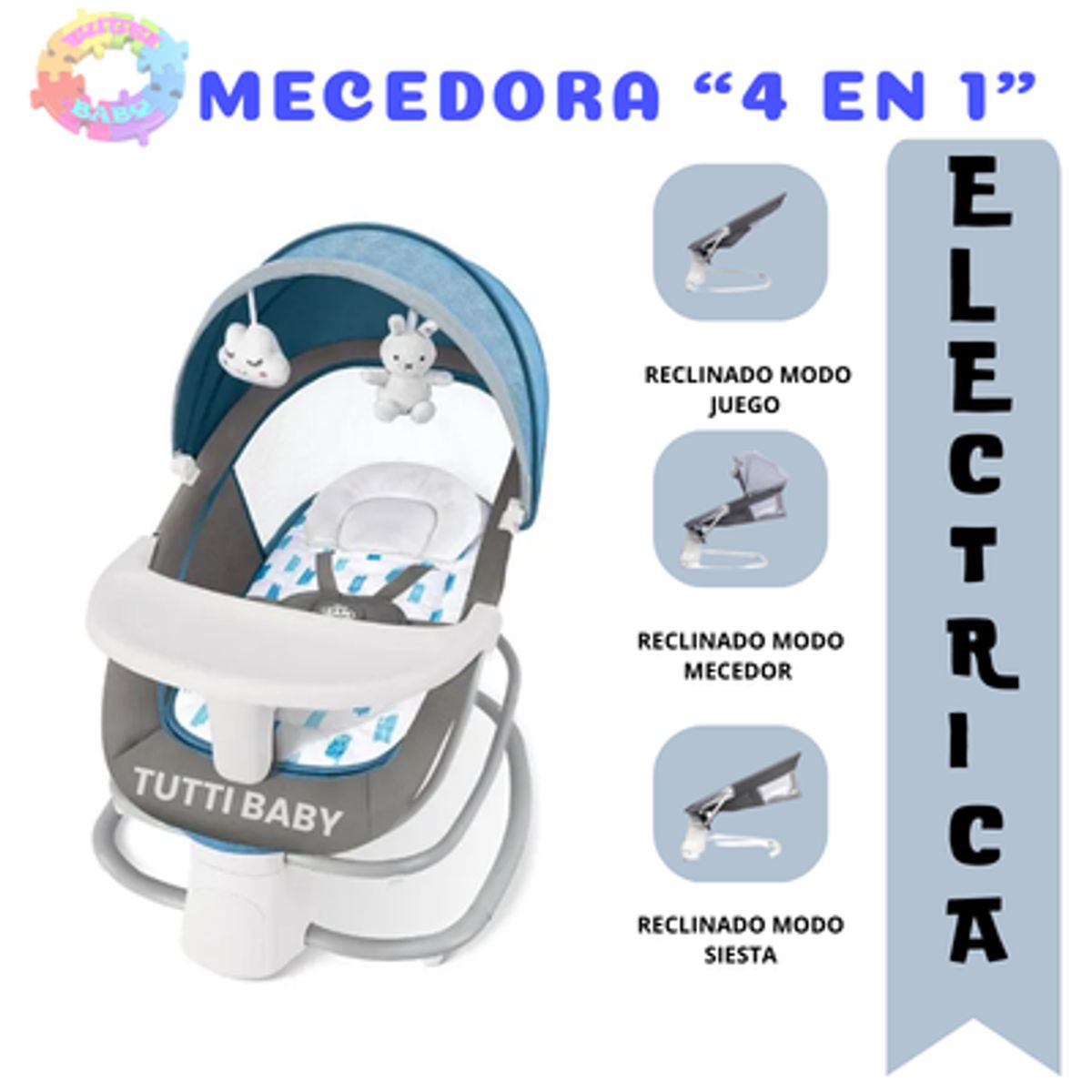 BABI - SILLA MECEDORA ELECTRICA 4 EN 1 MUSICAL "ROCKING CHAIR"  - CELESTE